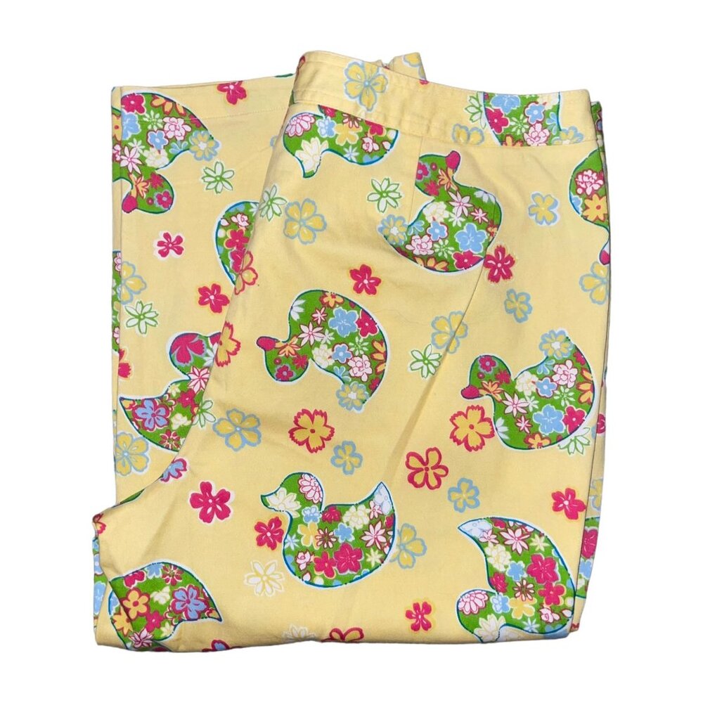Vintage Duck Head Womens Capris Plus Size 16W Yellow Floral Ducks Colorful Retro